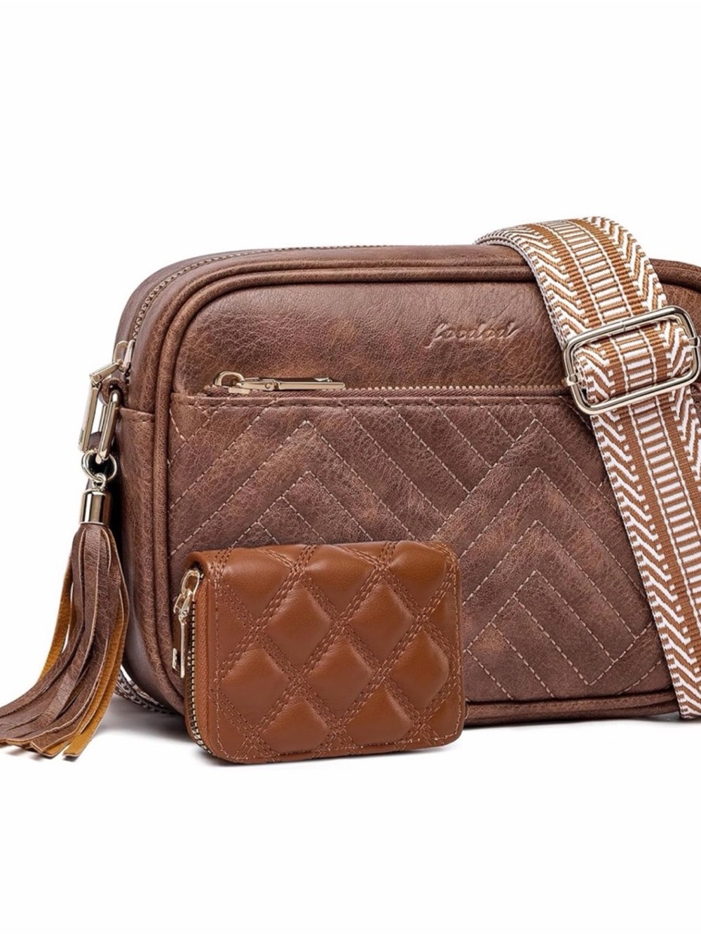 Quilted Brown Crossbody Bag with Patterned Strap and Tassel